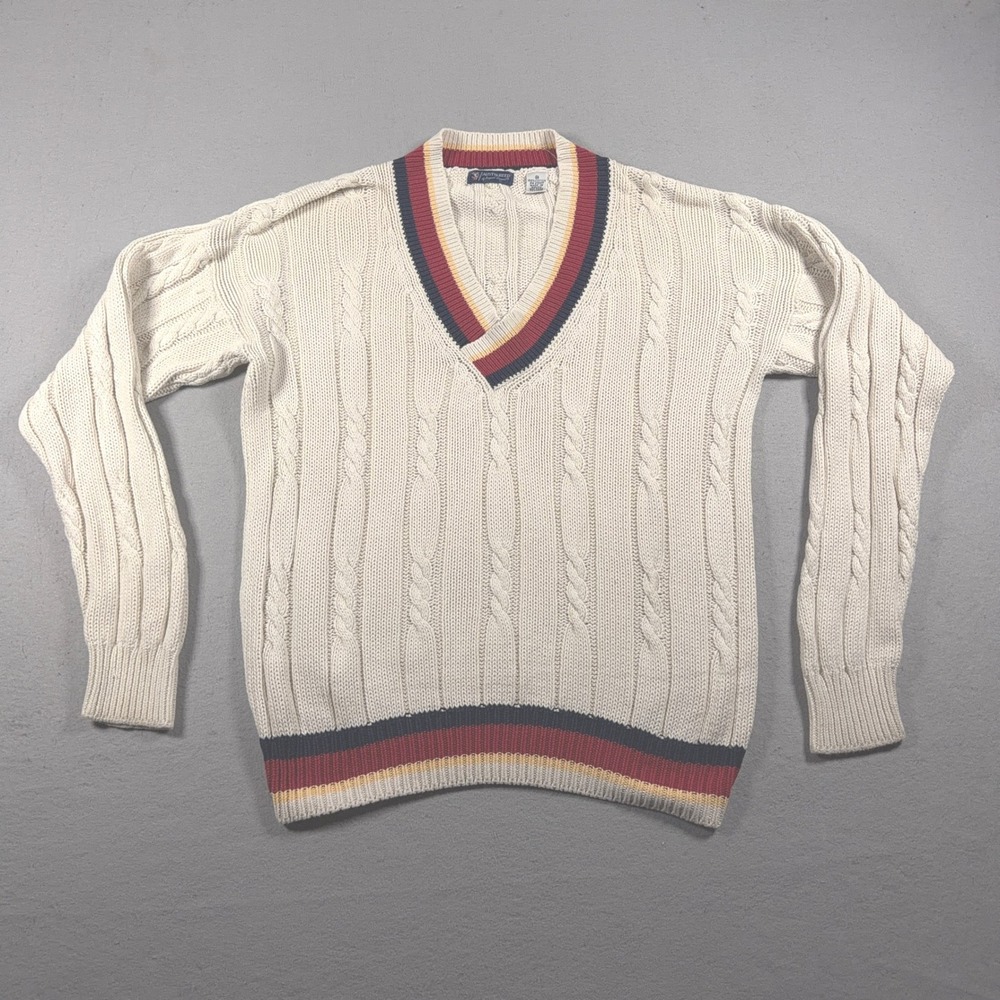 Austin Reed Sweater Men Medium Cable Knit V Neck Cream Trim Preppy Vintage